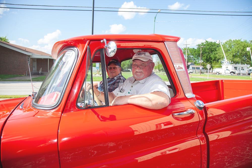 OL’ RED: Terry Bradley, left, and Kirk Wheeler have completed the first part of their journey along Route 66, with plans to head west in June to get inspiration for Wheeler’s planned Route 66 food truck park.
